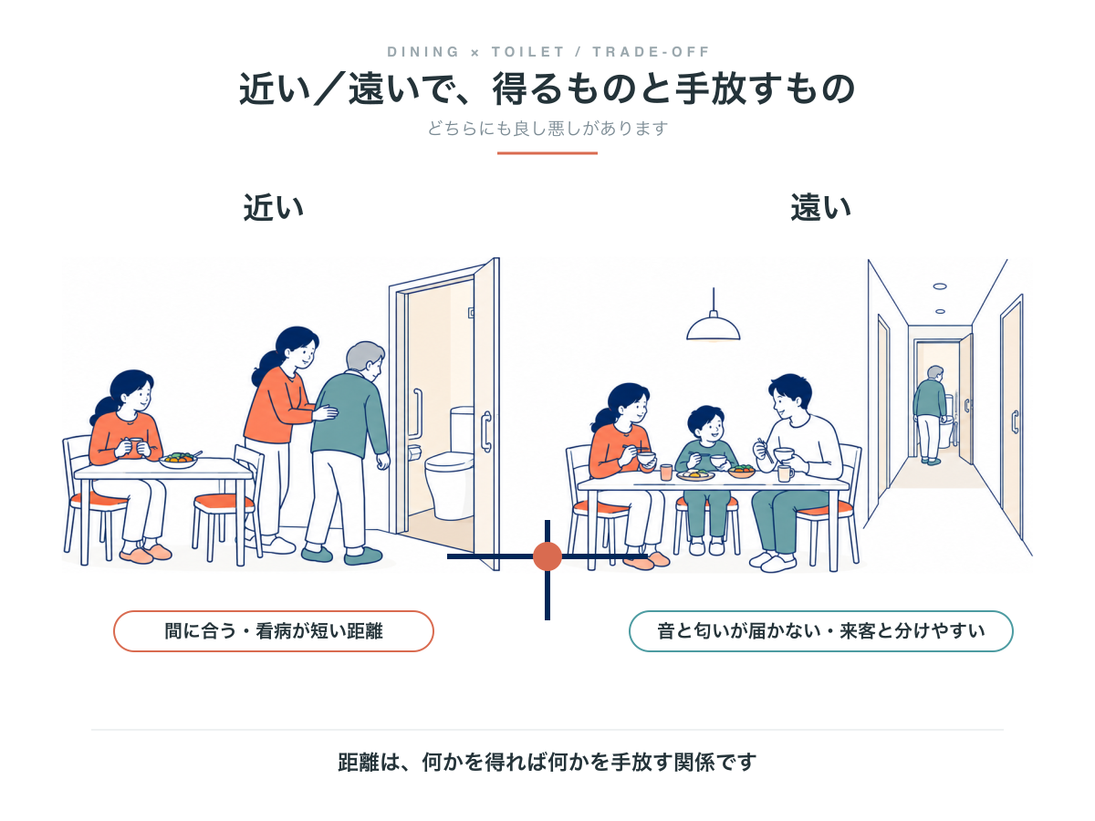 トイレが近い場合と遠い場合で、得るものと手放すものを並べた天びん。近いと間に合い看病の距離が短く、遠いと音と匂いが届かず来客と分けやすい