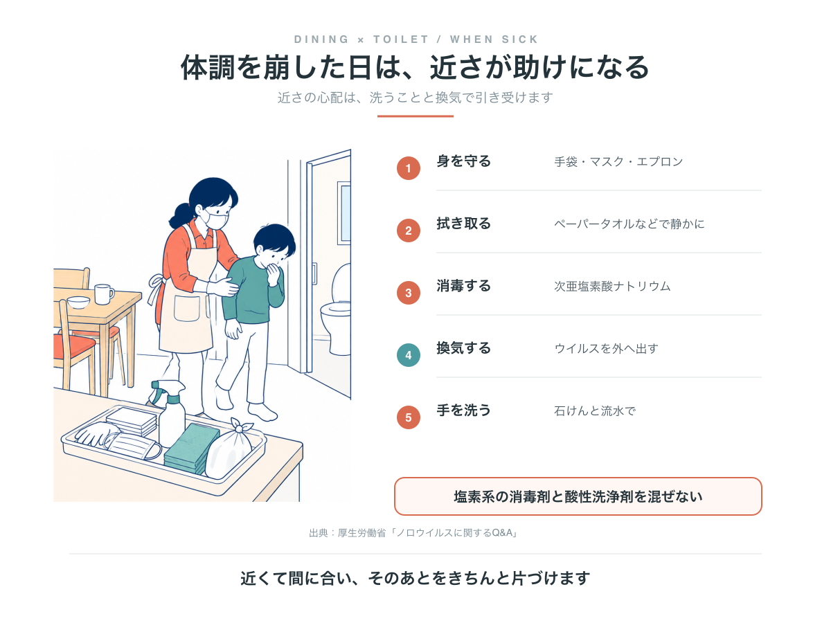 体調を崩した日の片づけの5手順。身を守る、拭き取る、消毒する、換気する、手を洗う。塩素系の消毒剤と酸性洗浄剤は混ぜない