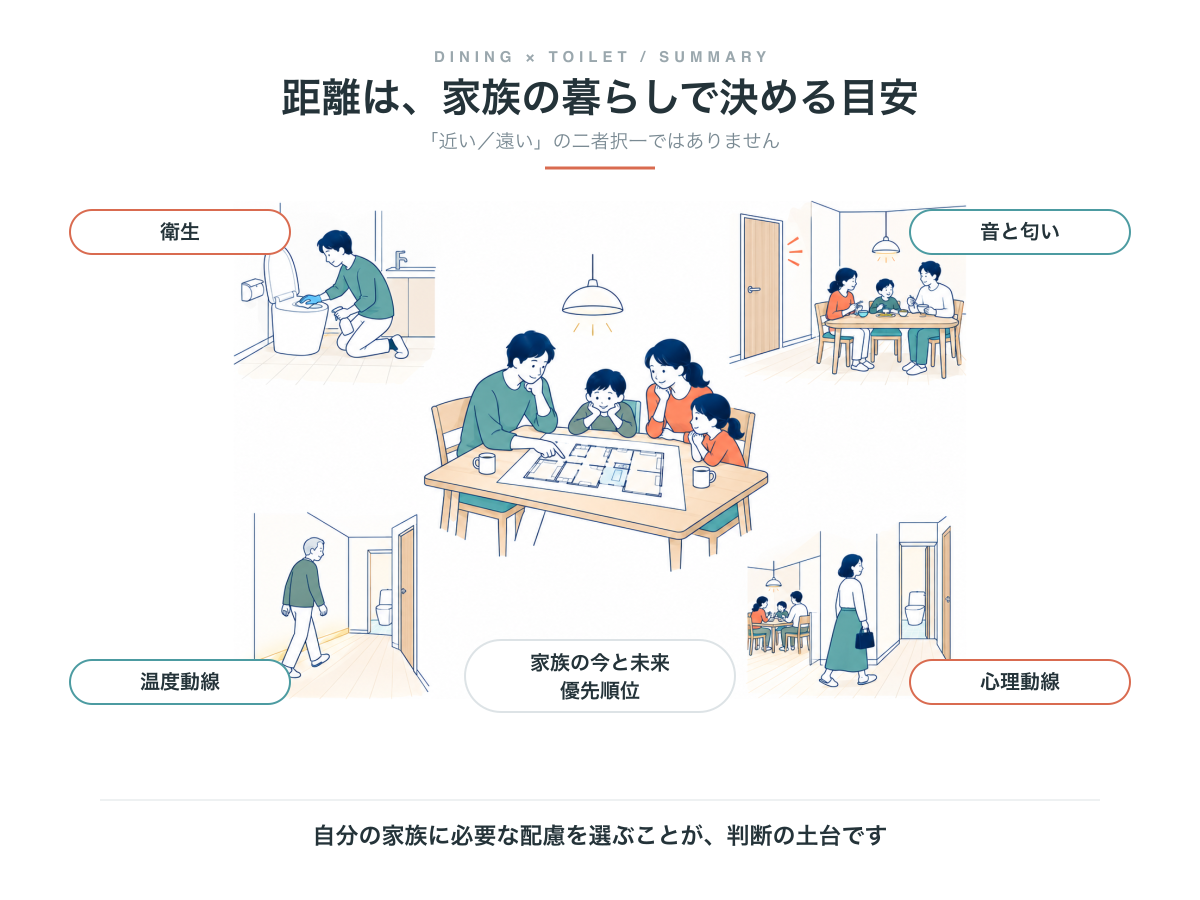 距離は家族の暮らしで決める目安。衛生、音と匂い、温度動線、心理動線の4つを、家族の今と未来で優先順位をつける