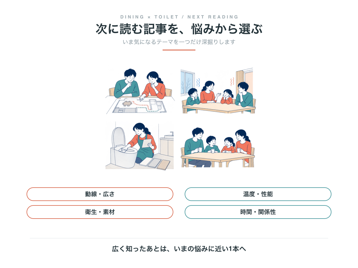 次に読む記事を悩みから選ぶ4つの入口。動線と広さ、温度と性能、衛生と素材、時間と関係性