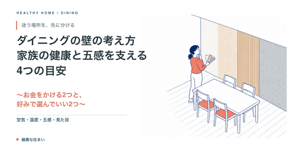 ダイニングの壁の考え方。家族の健康と五感を支える4つの目安。お金をかける2つと、好みで選んでいい2つに分ける