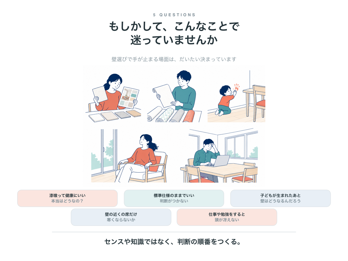 壁選びで手が止まる5つの場面。漆喰は本当に効果があるのか、標準仕様のままでいいのか、子どもが生まれたあとの汚れ、壁際の席の寒さ、食卓で集中できない