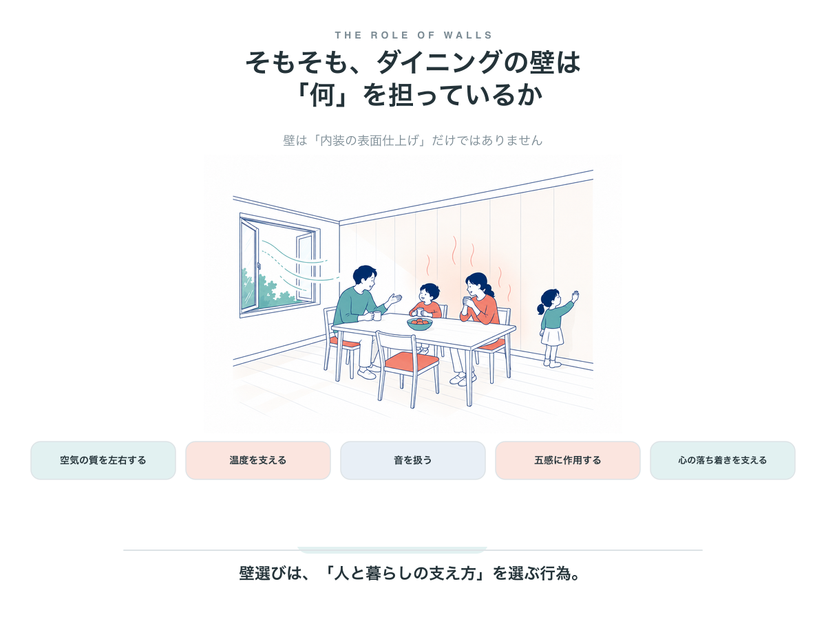 ダイニングの壁が担う5つの役割。空気の質を左右する、温度を支える、音を扱う、五感に作用する、心の落ち着きを支える