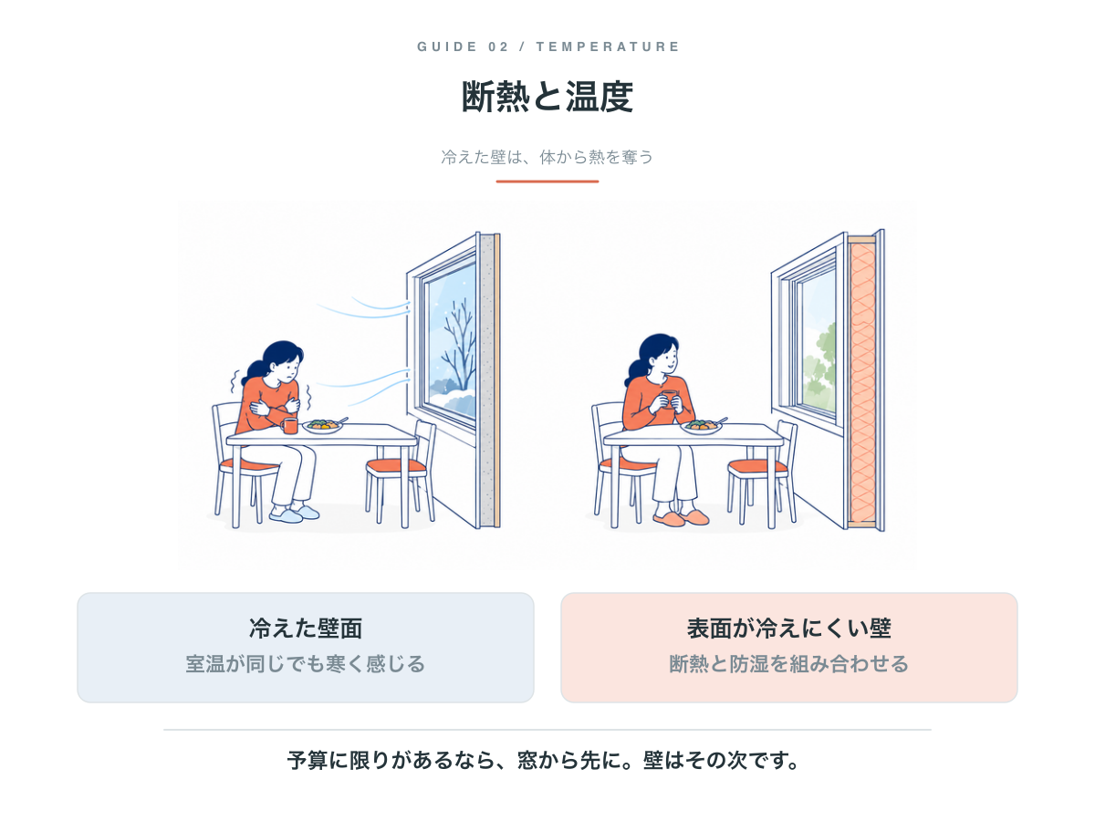 冷えた壁面では室温が同じでも寒く感じ、断熱と防湿を組み合わせた壁では表面が冷えにくいことの比較