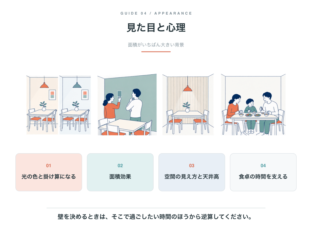見た目と心理の4つの論点。光の色と掛け算になる、面積効果、空間の見え方と天井高、食卓の時間を支える