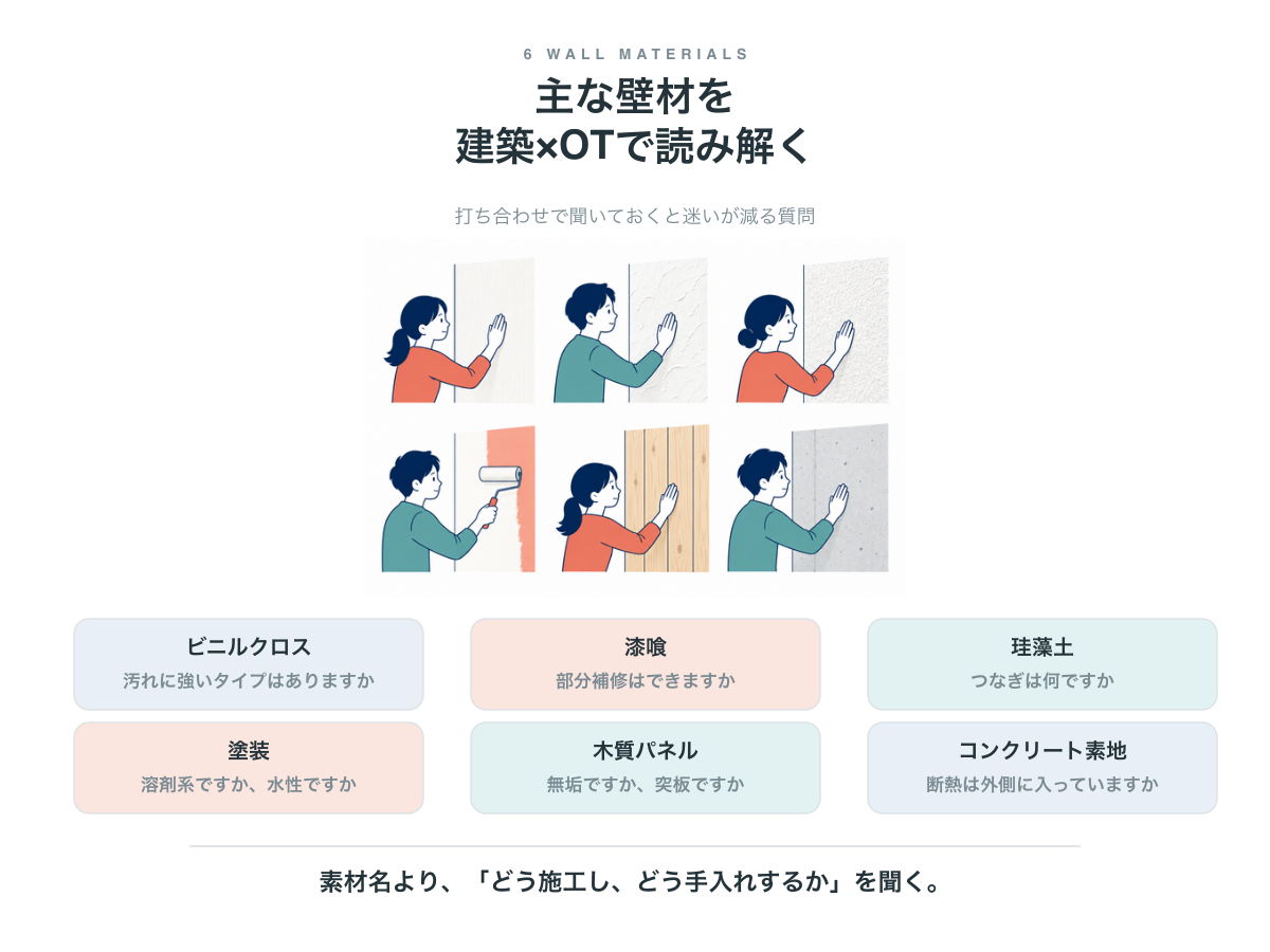 主な壁材6種と、打ち合わせで聞いておく質問。ビニルクロスは汚れに強いタイプがあるか、漆喰は部分補修ができるか、珪藻土はつなぎが何か、塗装は溶剤系か水性か、木質パネルは無垢か突板か、コンクリート素地は断熱が外側に入っているか