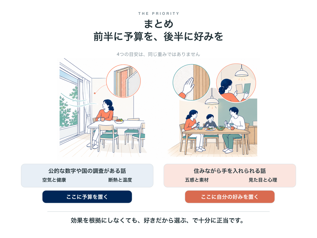 4つの目安の重みの違い。空気と健康・断熱と温度は公的な数字や国の調査がある話で予算を置く。五感と素材・見た目と心理は住みながら手を入れられる話で好みを置く